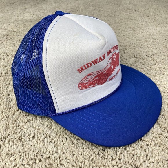 Vtg Midway Motors Snapback Hat Mesh Foam Trucker Blue White Corvette Logo Cap - Picture 2 of 10